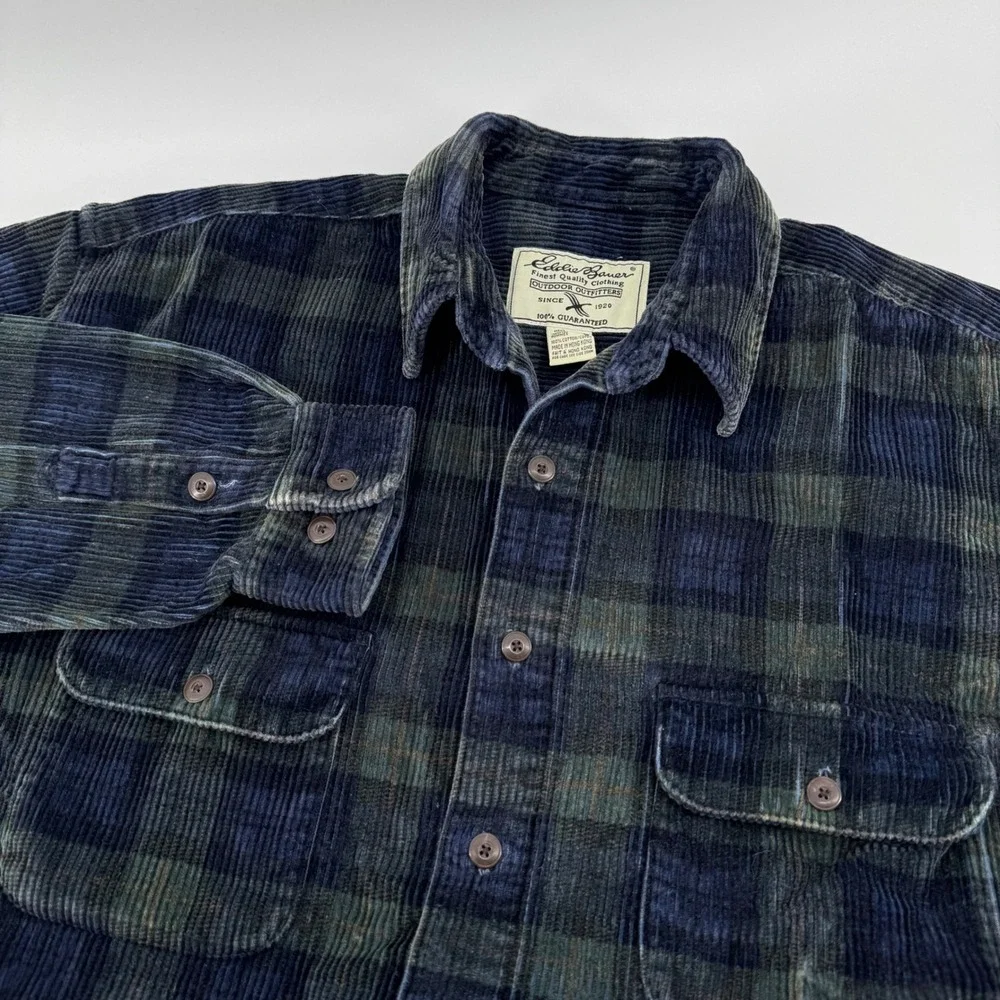 Eddie Bauer Corduroy Shirt Mens Large Blue Green Plaid Long Sleeve Button Down